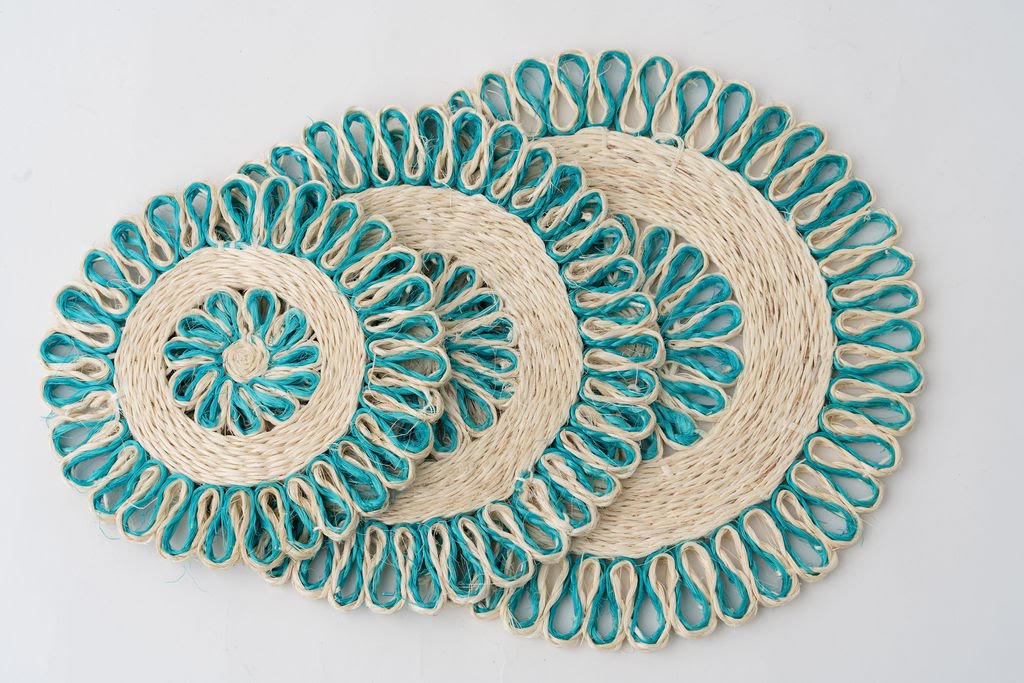 Handwoven Seagrass Placemat | Trivet | Aqua blue | 16 inches